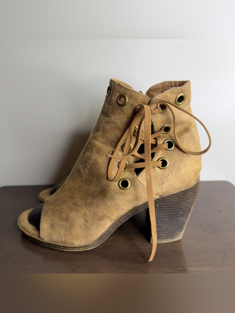 93 Vintage Brown Peep toe Heeled Ankle Boots Sz 9 womens